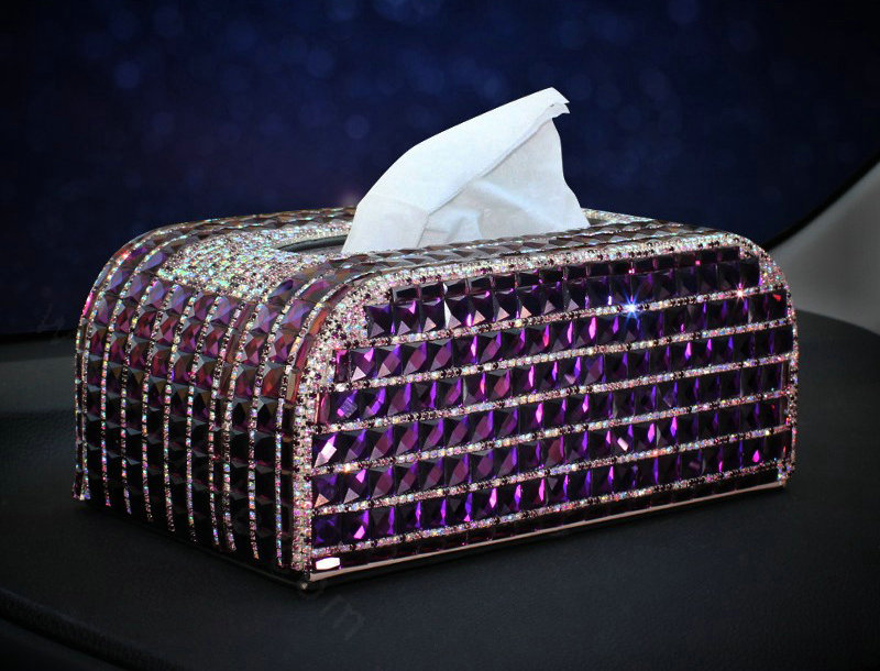 Luxury Creative Crystal Car Tissue Paper Box Case Women Auto Interior Accessories - Purple