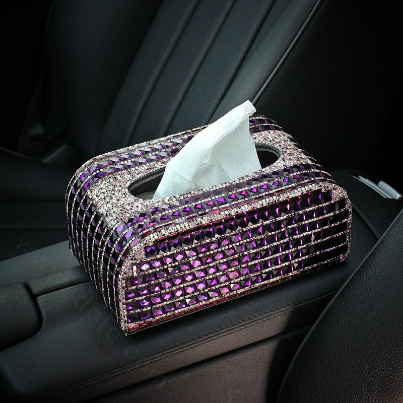 Luxury Creative Crystal Car Tissue Paper Box Case Women Auto Interior Accessories - Purple