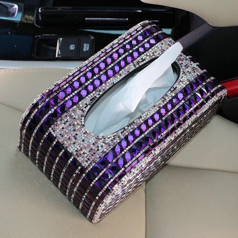 Luxury Creative Crystal Car Tissue Paper Box Case Women Auto Interior Accessories - Purple