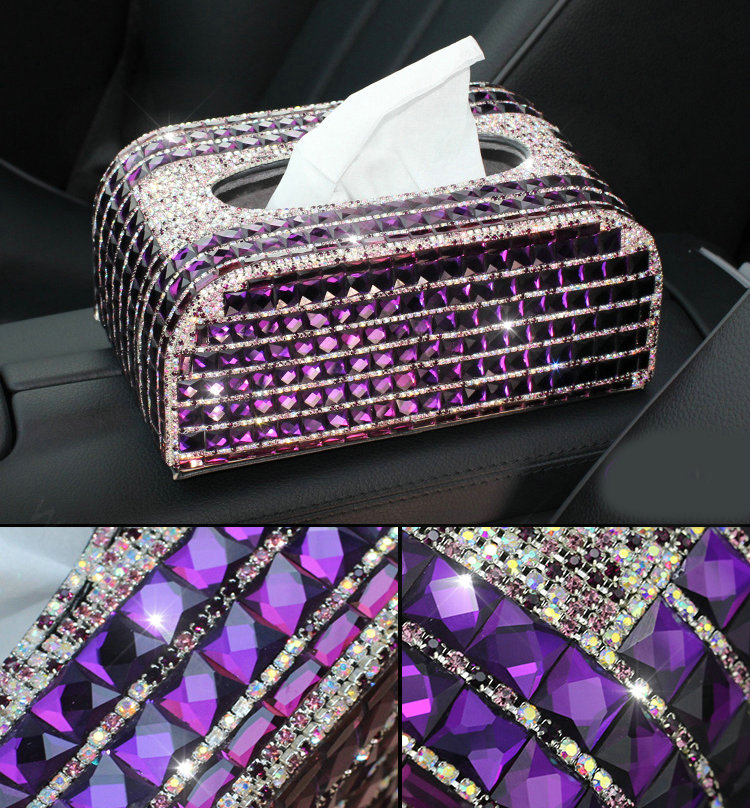 Luxury Creative Crystal Car Tissue Paper Box Case Women Auto Interior Accessories - Purple