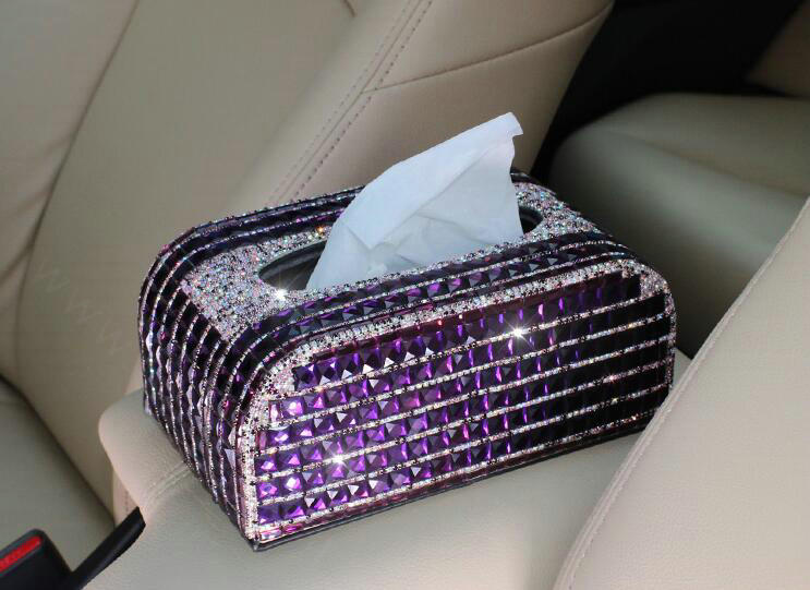 Luxury Creative Crystal Car Tissue Paper Box Case Women Auto Interior Accessories - Purple