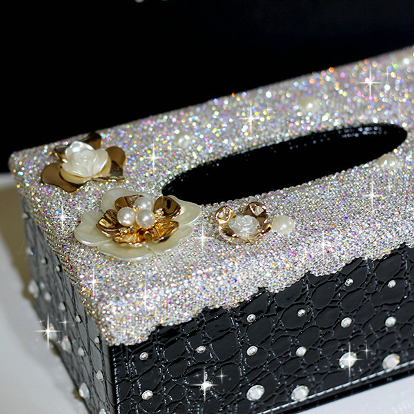 Luxury Crystal Car Tissue Paper Box Case Creative Flower Leather Household Tissue Box - Black