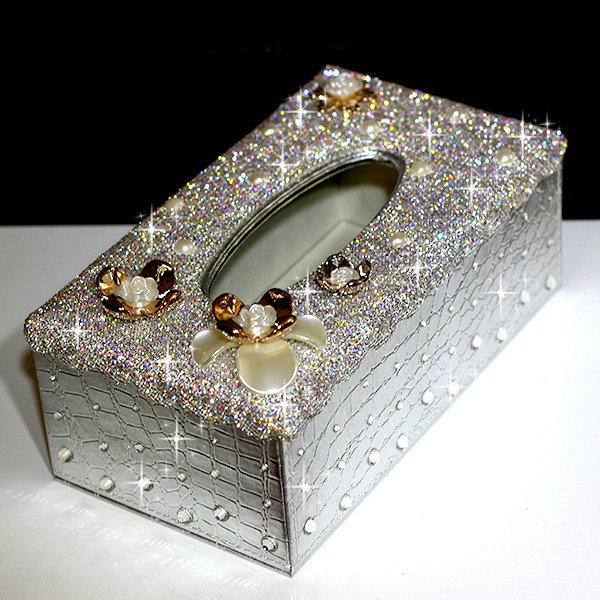 Luxury Crystal Car Tissue Paper Box Case Creative Flower Leather Household Tissue Box - Sliver
