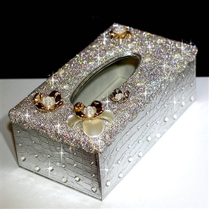 Luxury Crystal Car Tissue Paper Box Case Creative Flower Leather Household Tissue Box - Sliver