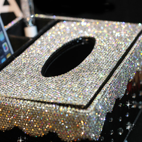 Luxury Crystal Car Tissue Paper Box Case Creative Leather Office Household Storage Box - Black