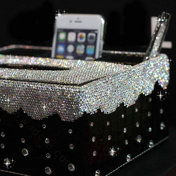 Luxury Crystal Car Tissue Paper Box Case Creative Leather Office Household Storage Box - Black