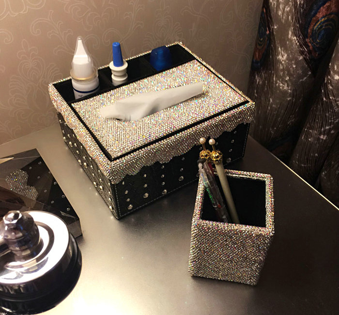 Luxury Crystal Car Tissue Paper Box Case Creative Leather Office Household Storage Box - Black
