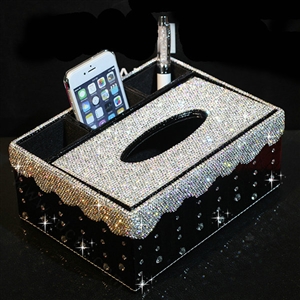 Luxury Crystal Car Tissue Paper Box Case Creative Leather Office Household Storage Box - Black