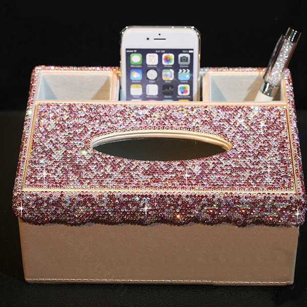 Luxury Crystal Car Tissue Paper Box Case Creative Leather Office Household Storage Box - Pink