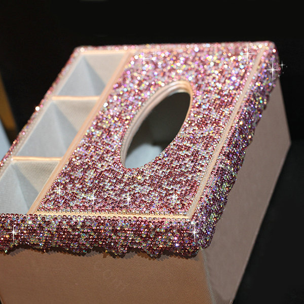 Luxury Crystal Car Tissue Paper Box Case Creative Leather Office Household Storage Box - Pink