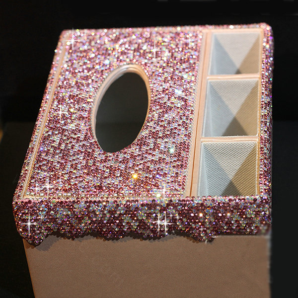 Luxury Crystal Car Tissue Paper Box Case Creative Leather Office Household Storage Box - Pink