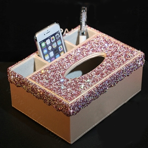 Luxury Crystal Car Tissue Paper Box Case Creative Leather Office Household Storage Box - Pink