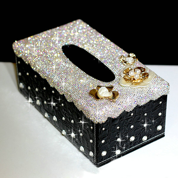 Luxury Crystal Car Tissue Paper Box Case Flower Leather Household Middle Tissue Box - Black