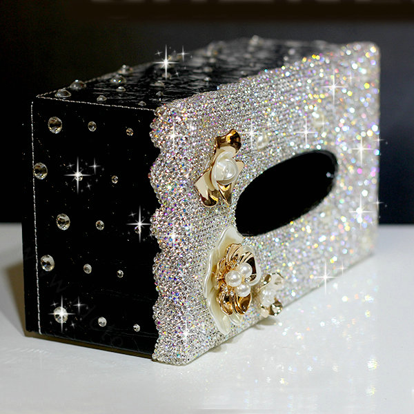 Luxury Crystal Car Tissue Paper Box Case Flower Leather Household Middle Tissue Box - Black