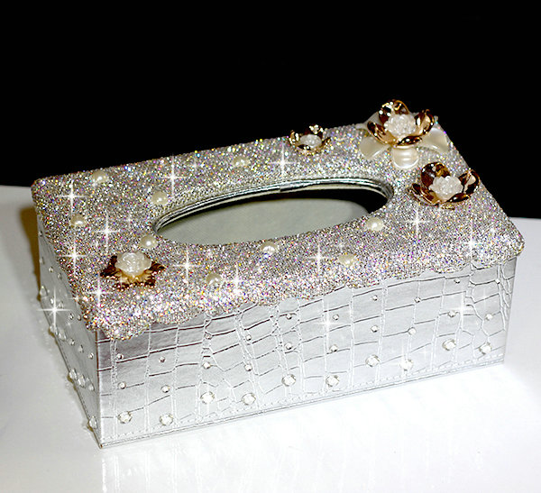 Luxury Crystal Car Tissue Paper Box Case Flower Leather Household Middle Tissue Box - Sliver