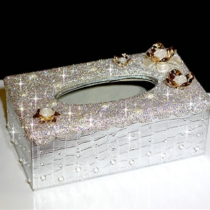 Luxury Crystal Car Tissue Paper Box Case Flower Leather Household Middle Tissue Box - Sliver