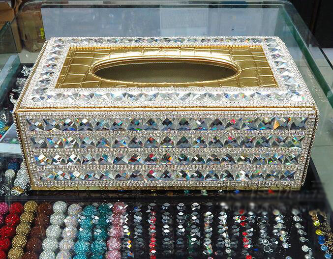 Luxury Crystal Car Tissue Paper Box Case For Vehicle Office Home Creative Decor L Size - White Gold