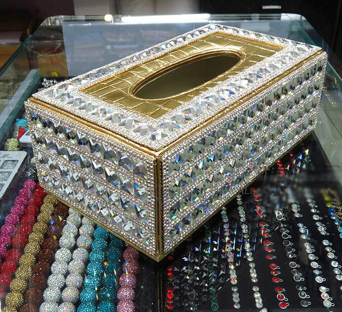 Luxury Crystal Car Tissue Paper Box Case For Vehicle Office Home Creative Decor L Size - White Gold