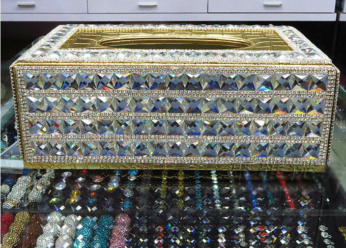 Luxury Crystal Car Tissue Paper Box Case For Vehicle Office Home Creative Decor - White Gold