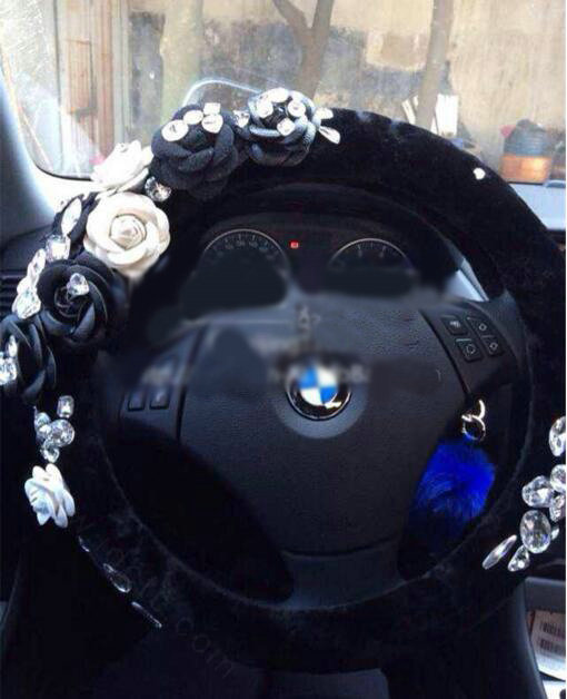 Luxury Crystal Flower Plush Wool Vehicle Steering Wheel Covers 15 inch 38CM - Black