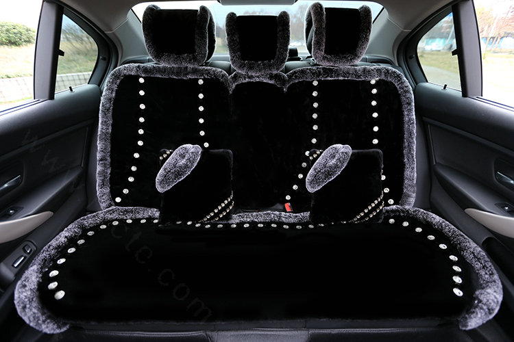 Luxury Crystal Pure Wool Universal Car Seat Cushion Whole Snow Rabbit Fur 10pcs Sets - Black
