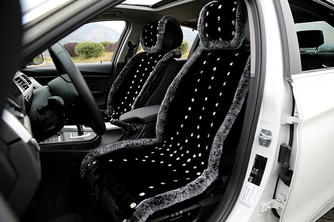 Luxury Crystal Pure Wool Universal Car Seat Cushion Whole Snow Rabbit Fur 10pcs Sets - Black