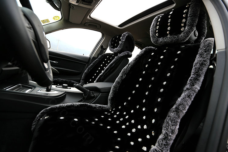Luxury Crystal Pure Wool Universal Car Seat Cushion Whole Snow Rabbit Fur 10pcs Sets - Black
