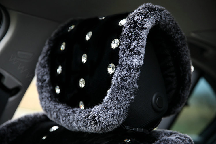 Luxury Crystal Pure Wool Universal Car Seat Cushion Whole Snow Rabbit Fur 10pcs Sets - Black