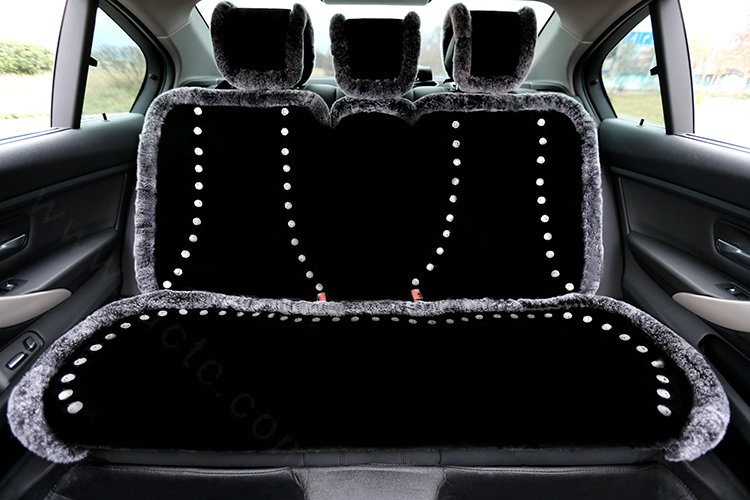 Luxury Crystal Pure Wool Universal Car Seat Cushion Whole Snow Rabbit Fur 10pcs Sets - Black