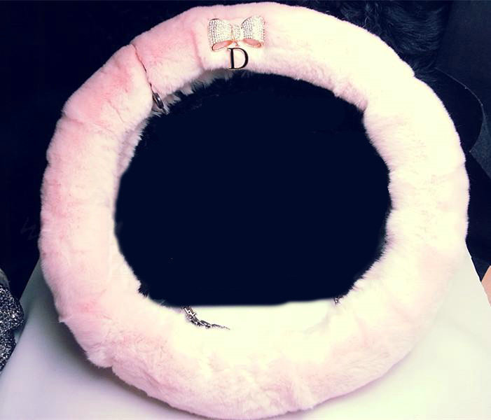 Luxury Diamond Bowknot Rex Rabbit Fur Car Steering Wheel Covers 15 Inch 38CM - Pink