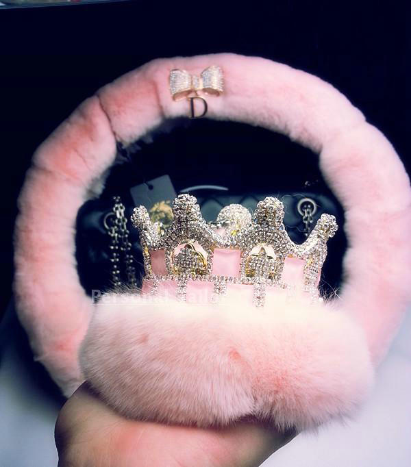 Luxury Diamond Bowknot Rex Rabbit Fur Car Steering Wheel Covers 15 Inch 38CM - Pink