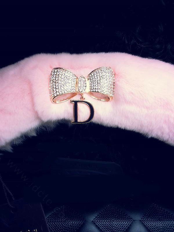 Luxury Diamond Bowknot Rex Rabbit Fur Car Steering Wheel Covers 15 Inch 38CM - Pink