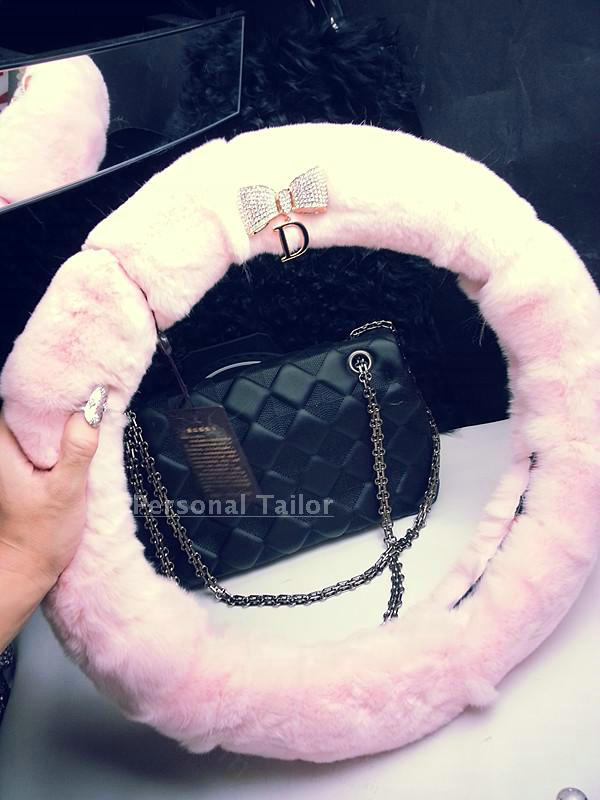 Luxury Diamond Bowknot Rex Rabbit Fur Car Steering Wheel Covers 15 Inch 38CM - Pink