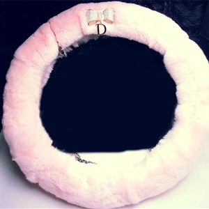 Luxury Diamond Bowknot Rex Rabbit Fur Car Steering Wheel Covers 15 Inch 38CM - Pink