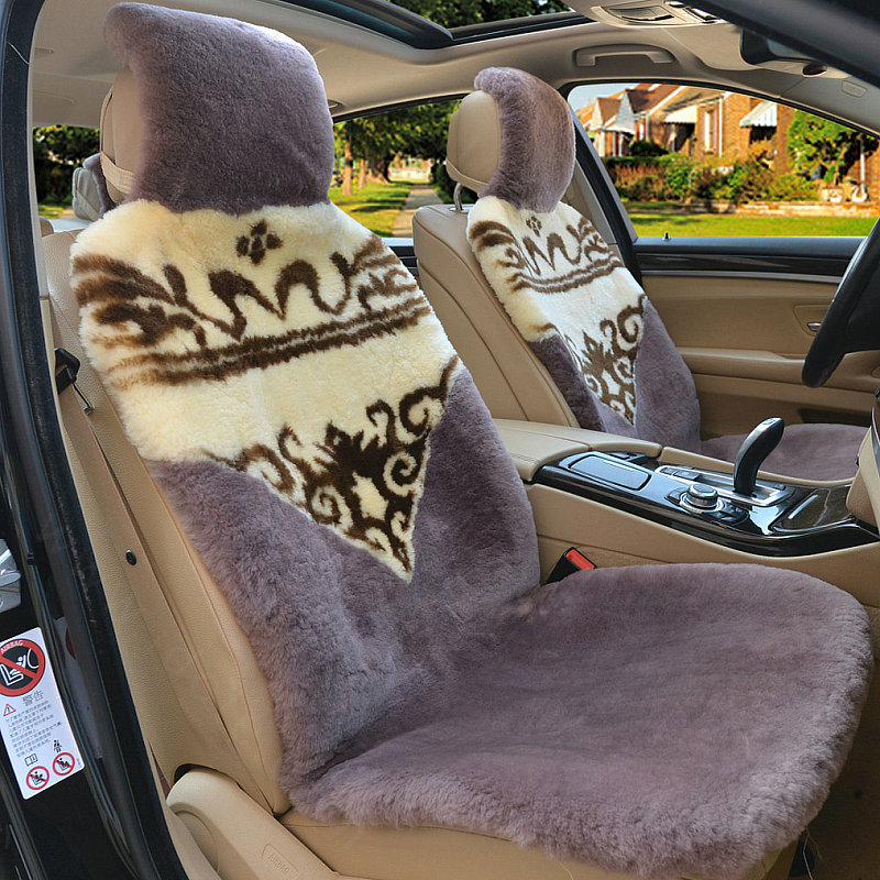Luxury Flower Pure Wool Car Seat Cushion Universal Sheepskin Fur Pads 5pcs Sets - Bean Paste