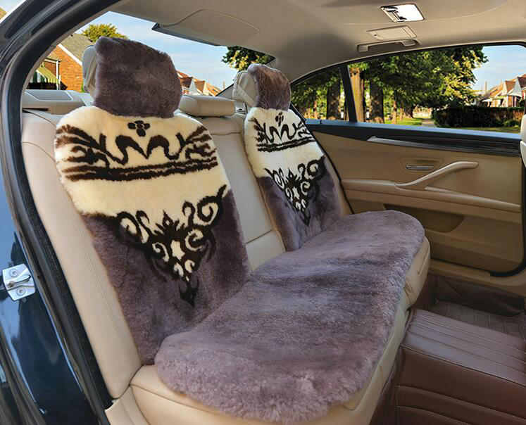 Luxury Flower Pure Wool Car Seat Cushion Universal Sheepskin Fur Pads 5pcs Sets - Bean Paste
