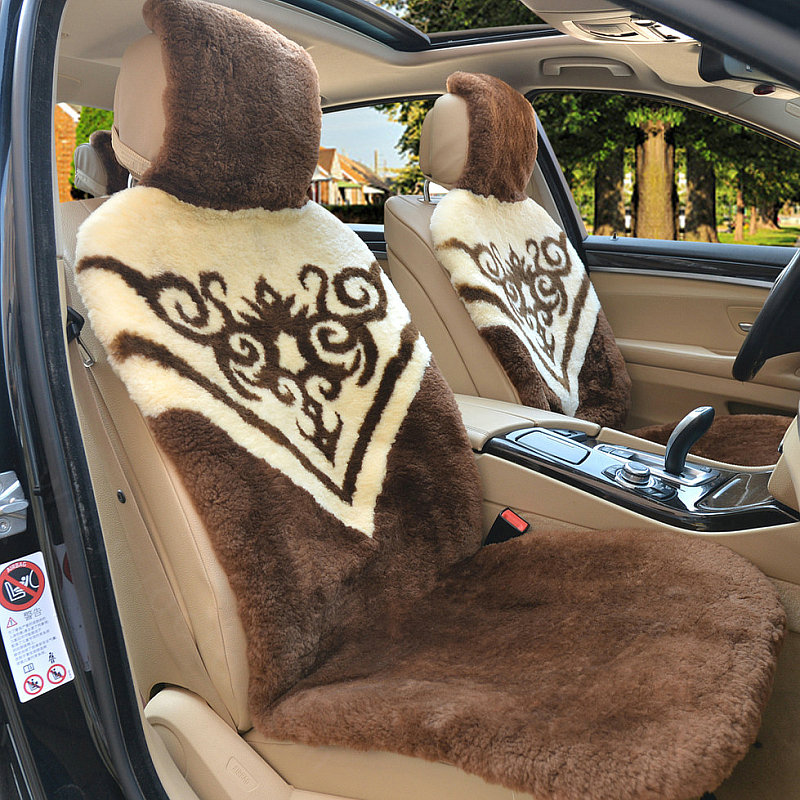 Luxury Flower Pure Wool Car Seat Cushion Universal Sheepskin Fur Pads 5pcs Sets - Coffee