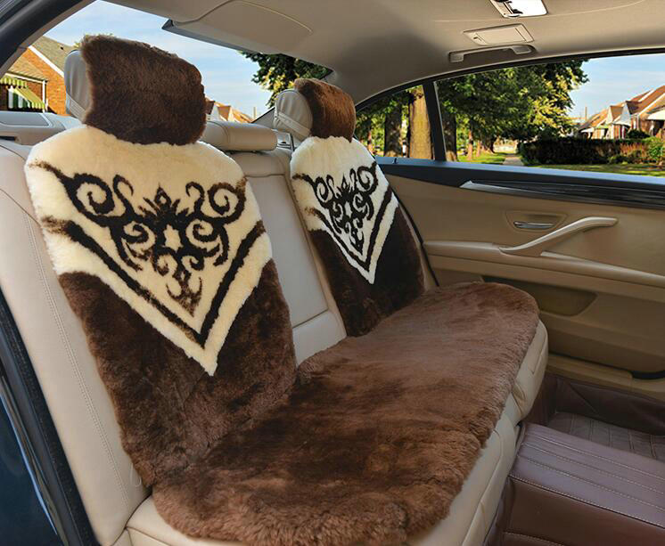 Luxury Flower Pure Wool Car Seat Cushion Universal Sheepskin Fur Pads 5pcs Sets - Coffee