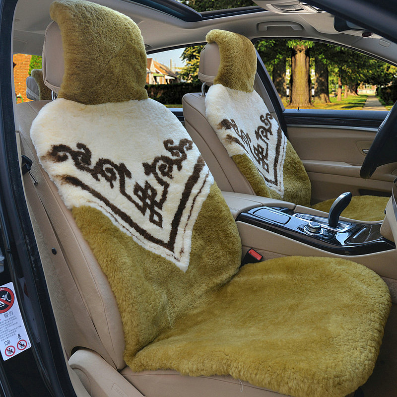 Luxury Flower Pure Wool Car Seat Cushion Universal Sheepskin Fur Pads 5pcs Sets - Green
