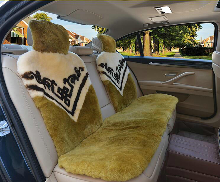 Luxury Flower Pure Wool Car Seat Cushion Universal Sheepskin Fur Pads 5pcs Sets - Green
