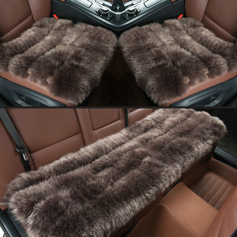 Luxury Genuine Wool Universal Car Seat Cushion Sheepskin Fur One Piece Pads 3pcs Set - Coffee