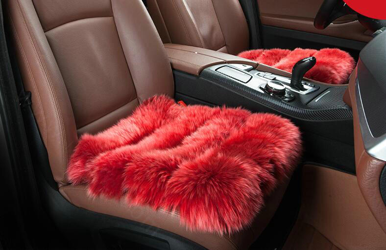 Luxury Genuine Wool Universal Car Seat Cushion Sheepskin Fur One Piece Pads 3pcs Set - Red