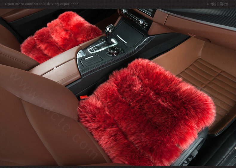 Luxury Genuine Wool Universal Car Seat Cushion Sheepskin Fur One Piece Pads 3pcs Set - Red