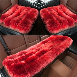 Luxury Genuine Wool Universal Car Seat Cushion Sheepskin Fur One Piece Pads 3pcs Set - Red