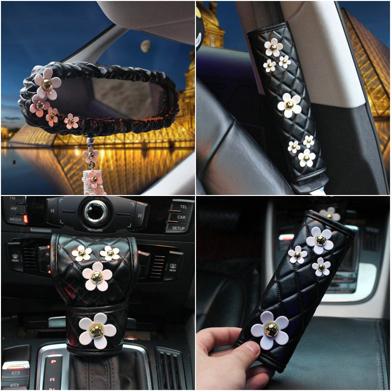 Luxury Leather Car Interior Accessories Sets Women Daisy Flowers Creative 5pcs - Black