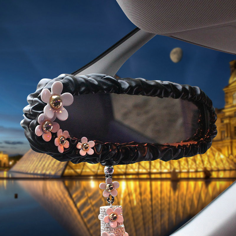 Luxury Leather Car Interior Accessories Sets Women Daisy Flowers Creative 5pcs - Black