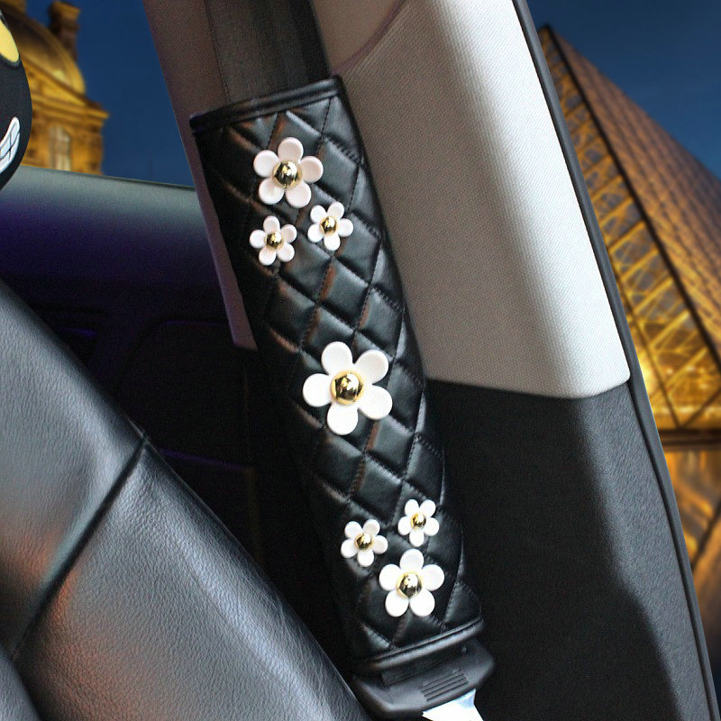 Luxury Leather Car Interior Accessories Sets Women Daisy Flowers Creative 5pcs - Black