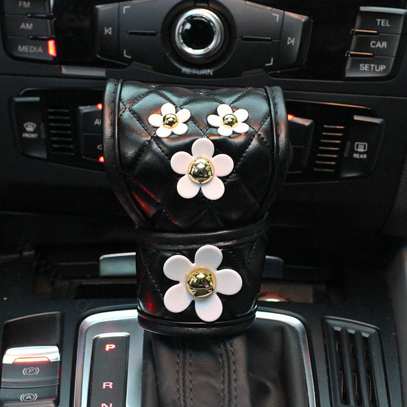 Luxury Leather Car Interior Accessories Sets Women Daisy Flowers Creative 5pcs - Black