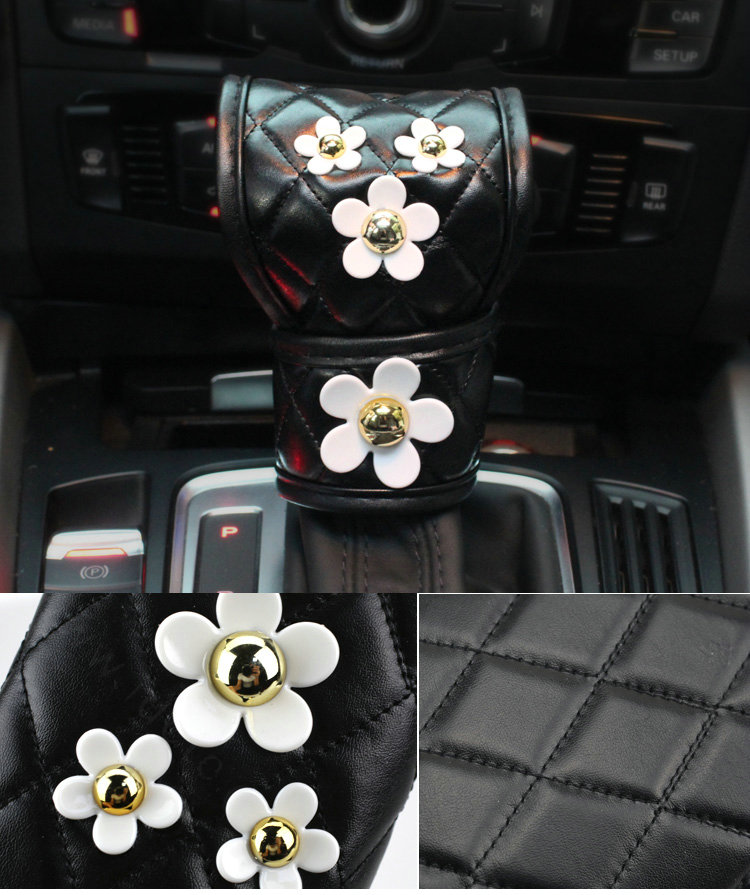 Luxury Leather Car Interior Accessories Sets Women Daisy Flowers Creative 5pcs - Black