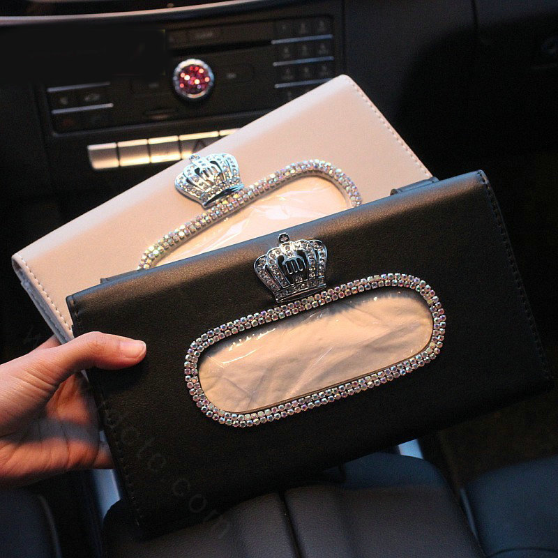 Luxury Leather Diamond Car Tissue Paper Box Holder Case Auto Interior Accessories - Beige